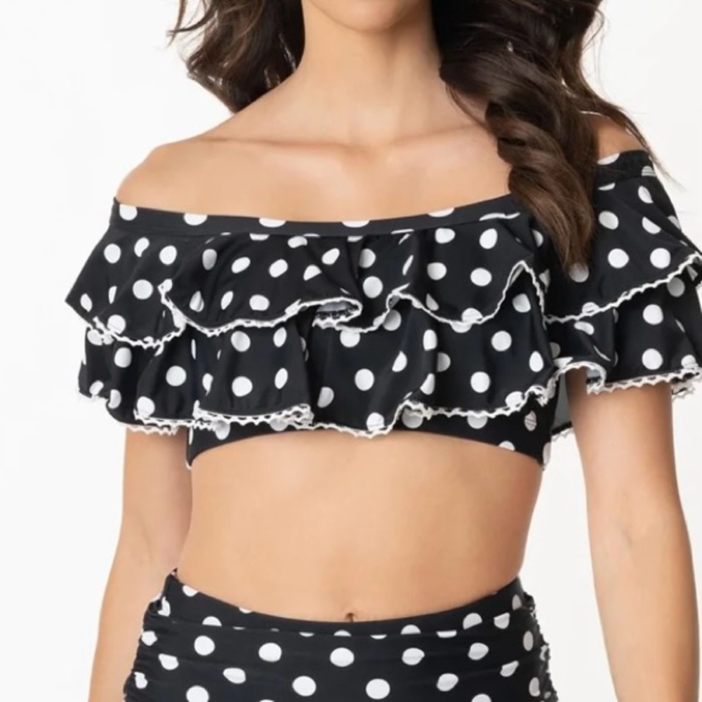 Unique Vintage off-shoulder black-white polka dot swim top